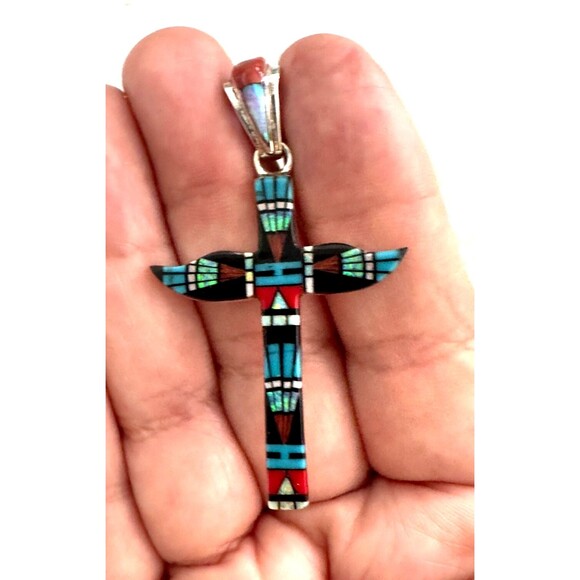 Handmade Native 925 Silver Micro Inlay Cross Pendant Genuine Gemstone Mosaic NEW - Picture 1 of 6